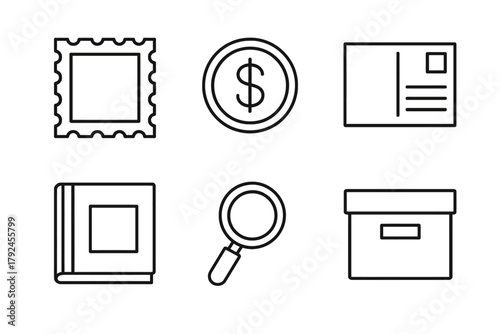 Minimalist icon set: stamp, coin, postcard, album, magnifying glass, box