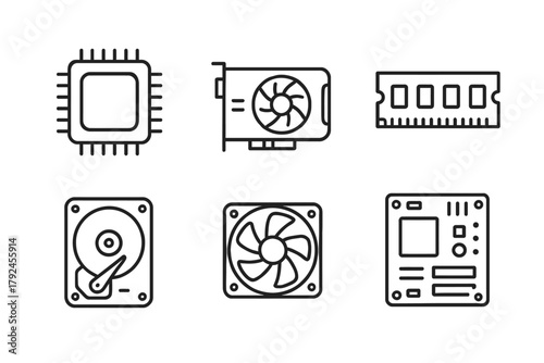 Computer hardware icons: cpu, gpu, ram, hard drive, fan, motherboard