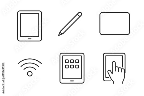 Tablet, stylus, wi-fi, and touchscreen interaction icons set