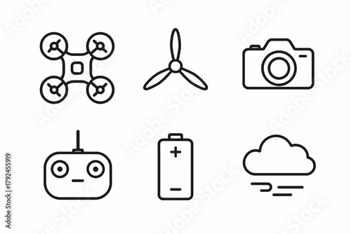 Drone symbols: drone, propeller, camera, controller, battery, cloud icons