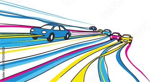 Colorful Abstract Cars Speeding on Dynamic Colorful Lines on White Background