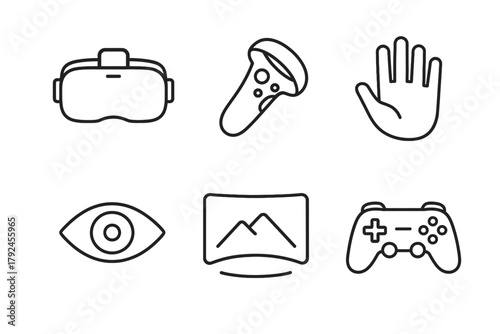 Virtual reality icons: headset, controller, hand, eye, scenic display, gamepad