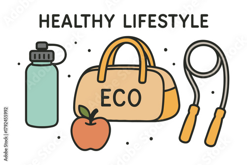 Healthy lifestyle objects including water bottle gym bag and jump rope