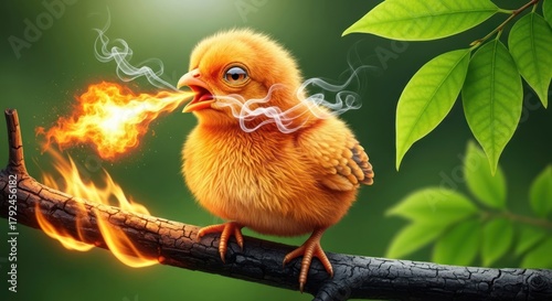 Fiery Fledgling: A Surreal Image of a Chick Emitting Flames on a Branch within a Forest