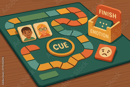 Emotion-themed board game with diverse character tiles and cue cards