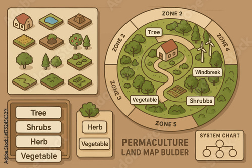 Permaculture land map builder: sustainable farming design with zoning elements