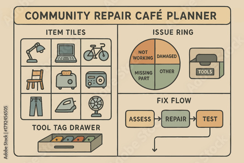 Community repair café planner diagram: efficient organization and problem solving strategies