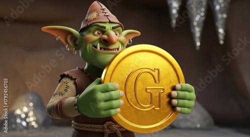 Greedy Goblin Guarding Golden G Coin in Cave, a Humorous Cartoon Character Illustration