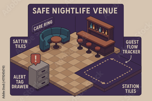 Safe nightlife venue concept with bar and seating area illustrated