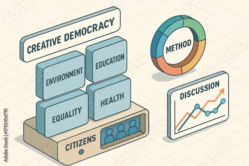 Creative democracy concept: environment, education, equality, health, and citizen discussion method