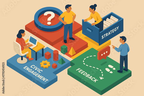 Diverse team collaboration on civic engagement strategy and feedback solutions