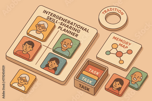 Intergenerational skill-sharing planner and memory map with diverse cartoon characters