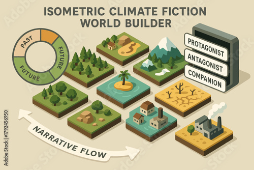 Isometric climate fiction world builder: narrative flow and landscape elements
