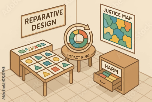 Reparative design concept with impact ring and justice map display
