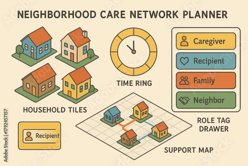 Neighborhood care network planner with support map and role tag drawer