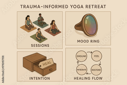 Trauma-informed yoga retreat: sessions, mood ring, intention, healing flow
