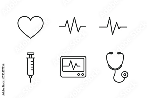 Healthcare icons: heart, ekg, syringe, monitor, stethoscope