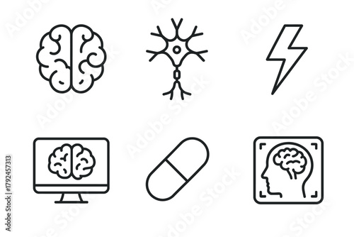 Neuroscience icons: brain, neuron, technology computer, pill capsule