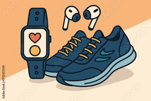Fitness smartwatch wireless earbuds and running shoes ready for workout