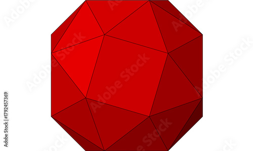 Red 3D faceted sphere with glossy geometric panels and bold abstract shading