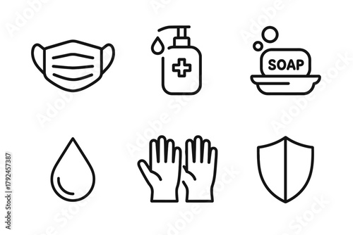 Essential hygiene icons: mask, hand sanitizer, soap, water, gloves, shield