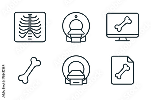 Medical imaging icons: x-ray, mri, bone structure in healthcare technology