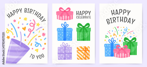 Colorful birthday greeting cards with gift boxes, ribbons, and festive confetti. Bright cartoon style illustration for party invitation, celebration design, or holiday decoration