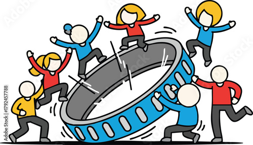 Diverse Group Of People Playfully Interacting With A Large Blue Ring On A White Background