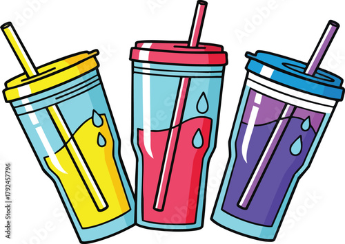 Three colorful iced drinks with straws in yellow pink and blue cups on a white background