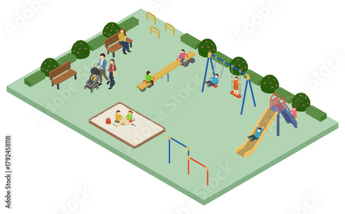 アイソメトリックイラスト：公園で遊ぶ家族