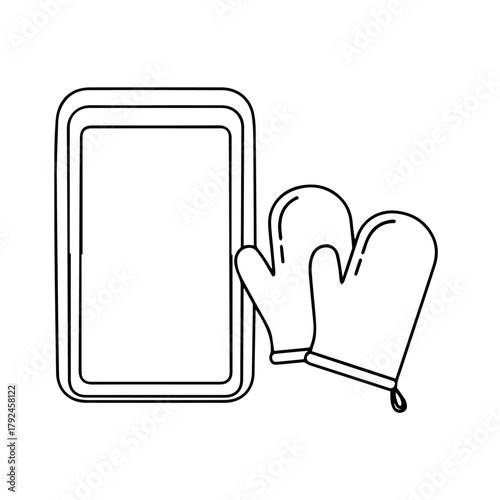 Minimalist line art illustration of a baking sheet and oven mitts, essential kitchenware for cooking and baking. A simple icon set for culinary concepts