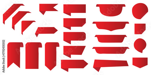 Corners and ribbons icon set. Product red banner, price shopping tags. Promotion sale badges, special offer stickers. Discount and price offer concept. Vector sticker templates