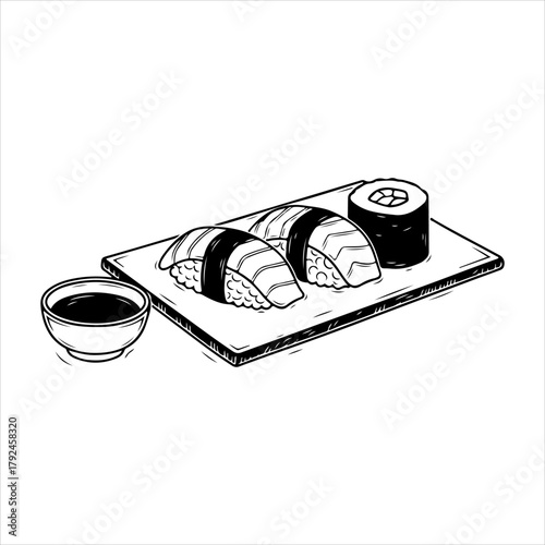 A hand-drawn black and white illustration of a sushi set with nigiri, maki, and soy sauce on a plate.