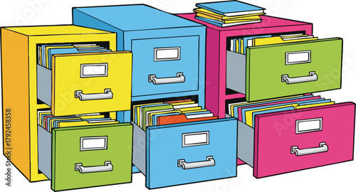 Colorful File Cabinets Filled With Folders And Documents Organized For Storage And Retrieval