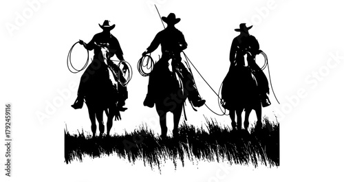 three silhouettes of cowboys riding horses in a grassy fieldblack, cowboy, cowboy hat, gun, horse, horseback, illustration, lasso, man, person, profile, ride, rodeo, rope 