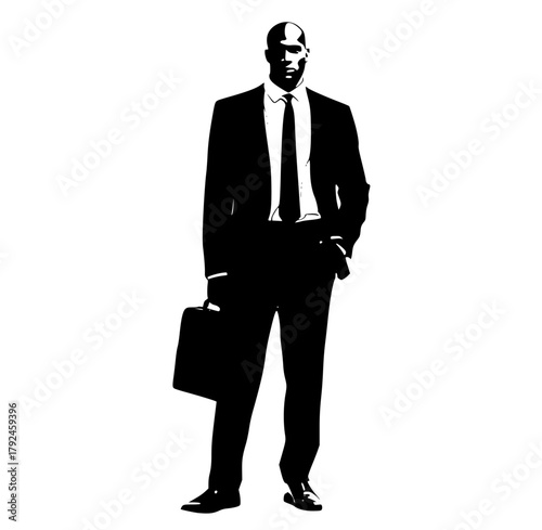 a silhouette of a man in a formal suit holding a briefcaseblack, briefcase, business suit, businessman, catch, man, stand, suit, tie, wear 