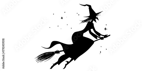 a silhouette of a witch riding a broom, with sparkles in the airblack, broom, fly, halloween, illustration, magic, profile, ride, sky, star, witch, witch hat 