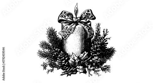 a vintage christmas candle surrounded by pine branches and hollyblack, bow, christmas card, cone, evergreen, flower, greenery, illustration, ink, pine cone, ribbon, spruce, white 