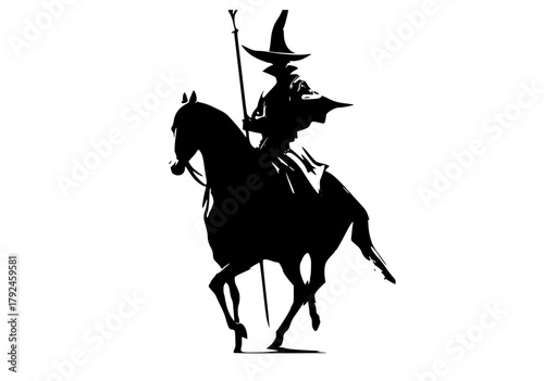 a silhouette of a wizard riding a horseblack, broom, cowboy, cowboy hat, horse, horseback, illustration, man, profile, ride, spear, sword, witch 