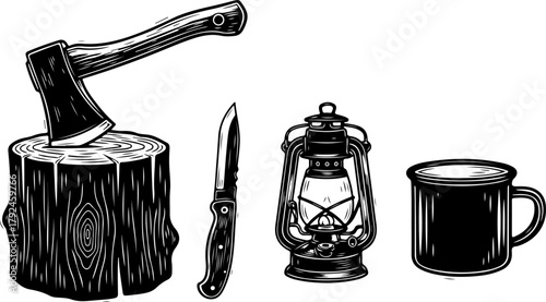 A collection of vintage camping and survival equipment including an axe in a stump, a knife, a lantern, and a mug in a monochrome woodcut style.