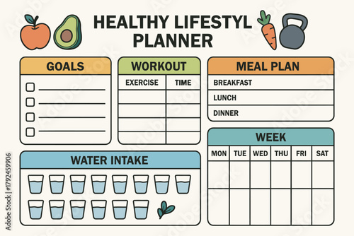 Healthy lifestyle planner with goals workout meal plan and water intake tracker