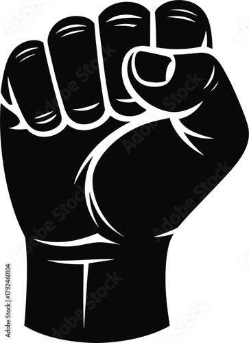 Black and white illustration of a clenched fist raised upwards on a white background hand power