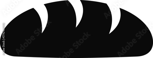 Black and white silhouette of a loaf of bread with score marks on a white background food baking