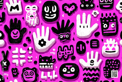 手形とキャラクターが並ぶポップなピンク背景