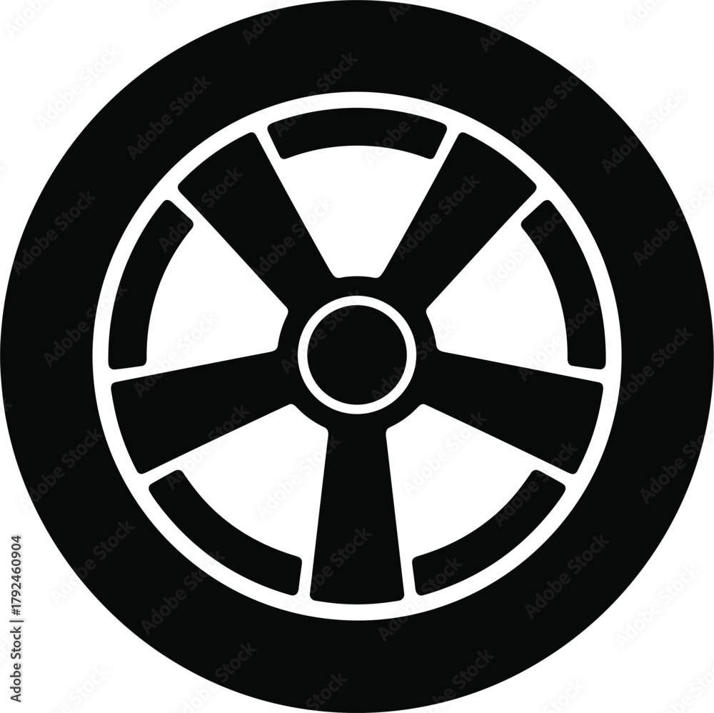 Fototapeta premium Black car wheel icon with five spokes on a white background tire vehicle