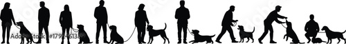 Dog training silhouettes, human interaction, pet obedience, black shapes, walking poses, animal behavior, canine commands, playful dogs, silhouette illustration, pet care