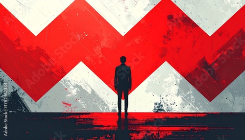 Silhoutte of a business man in front of a grunge wall with a red zigzag, symbolizing business challenge, strategy, decision making, risk management, leadership under pressure, illustration