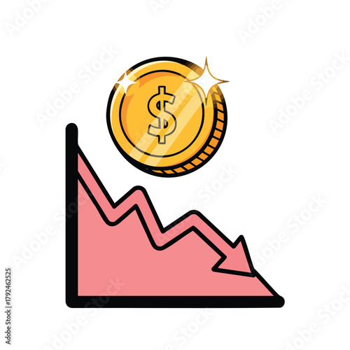 Financial Decline Concept with a Gold Dollar Coin and a Pink Downward Arrow Graph.