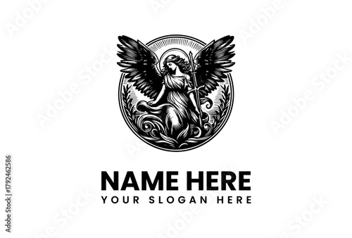 Vintage angel of justice with wings and sword, classic mythological goddess emblem vector logo illustration design