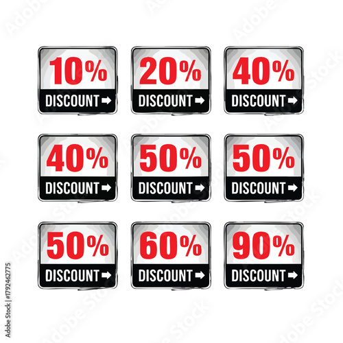 Grungy set of rectangular discount sale tags with red percentages and metallic borders.